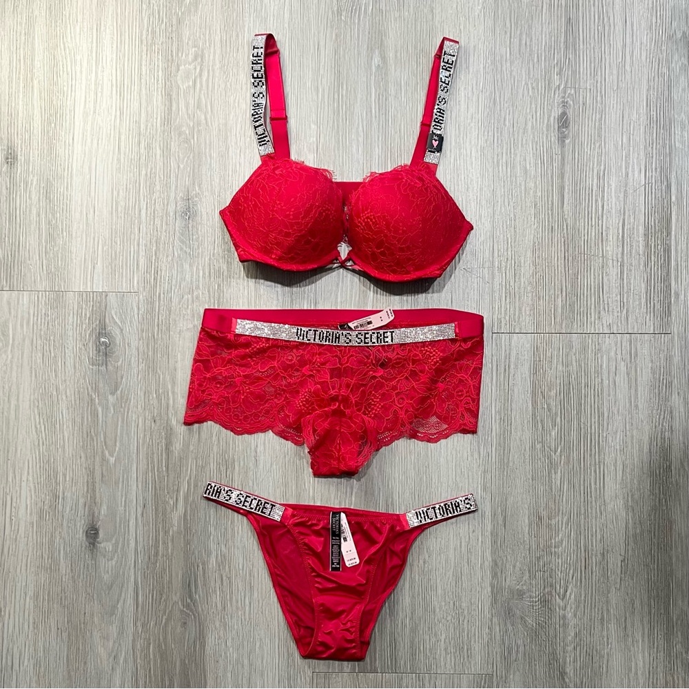Victoria's Secret Red Crystal Strap Lace Bra, Boyshort & Thong Set